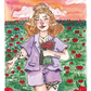 carte postale illustrée femme tatouée champs de coquelicot bouquet de fleurs coucher de soleil