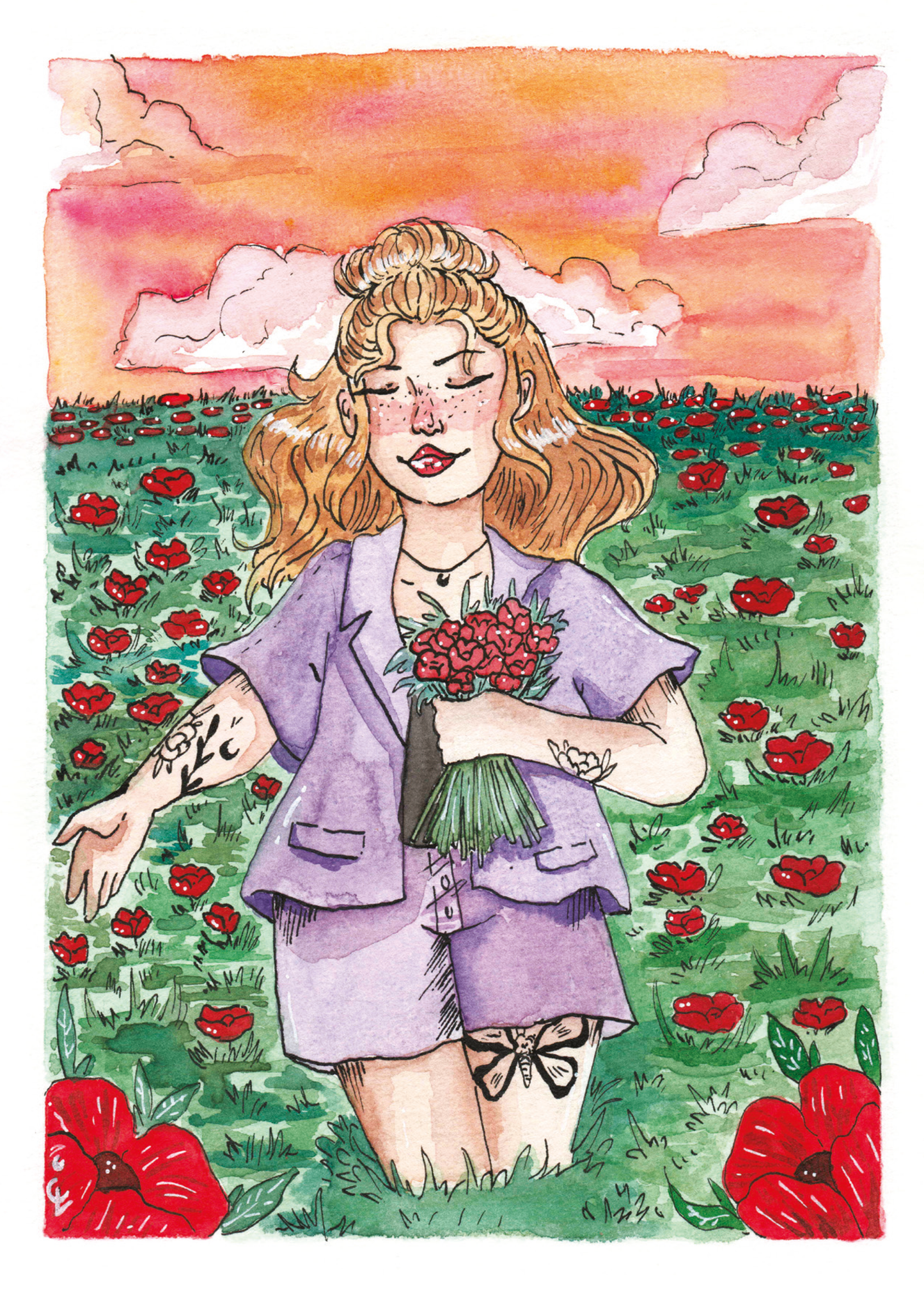 carte postale illustrée femme tatouée champs de coquelicot bouquet de fleurs coucher de soleil