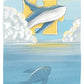 carte postale illustrée horizon papier recyclé baleine et pièce de puzzle sur l'océan avec nuages
