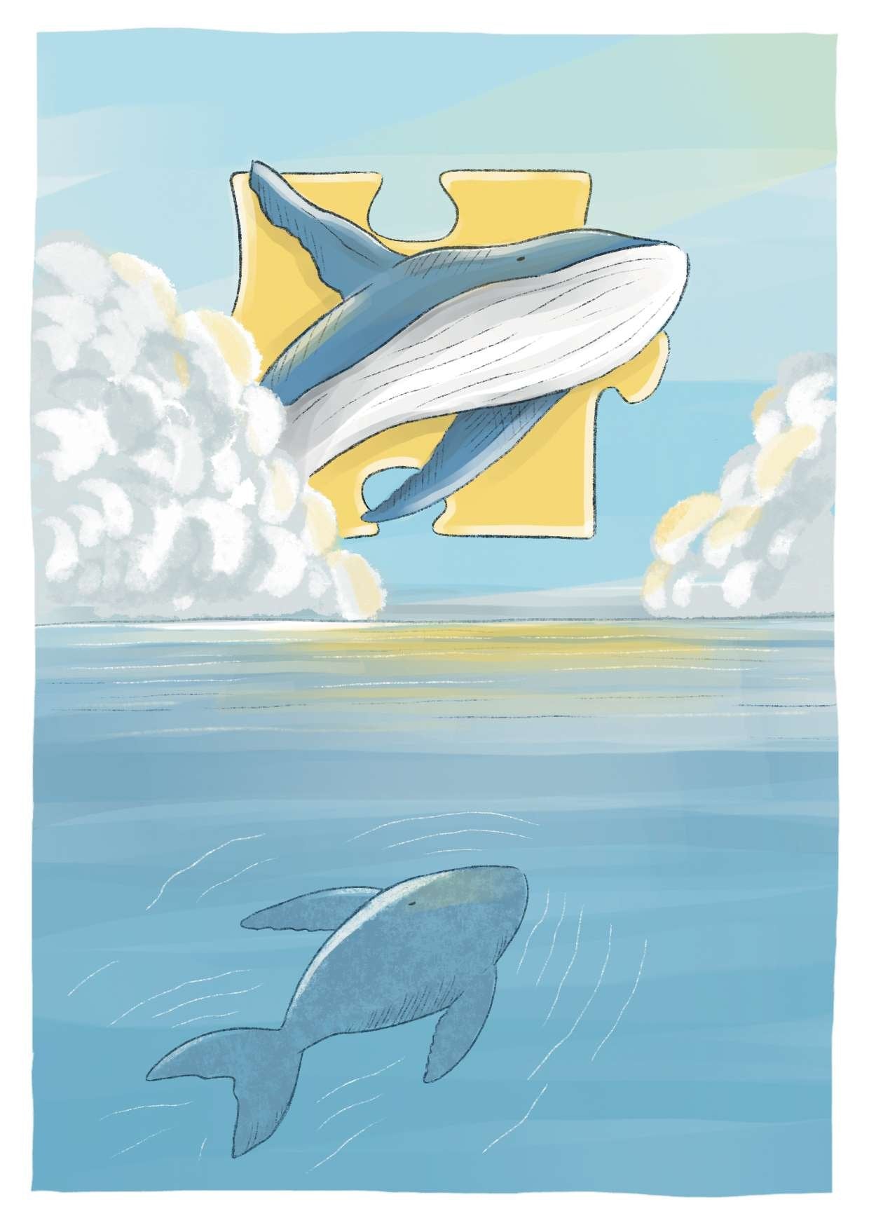 carte postale illustrée horizon papier recyclé baleine et pièce de puzzle sur l'océan avec nuages