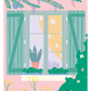 carte postale illustrée chat qui fait la sieste sur la fenêtre volets verts maison rose arbres coccinelle fleurs glycines abeilles