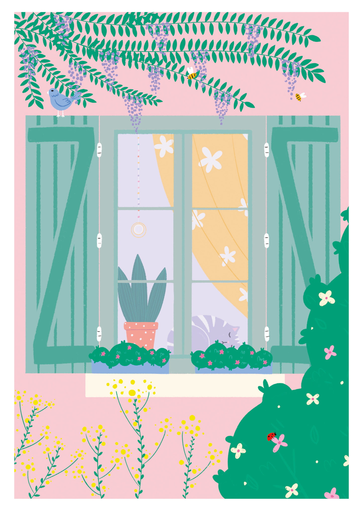 carte postale illustrée chat qui fait la sieste sur la fenêtre volets verts maison rose arbres coccinelle fleurs glycines abeilles