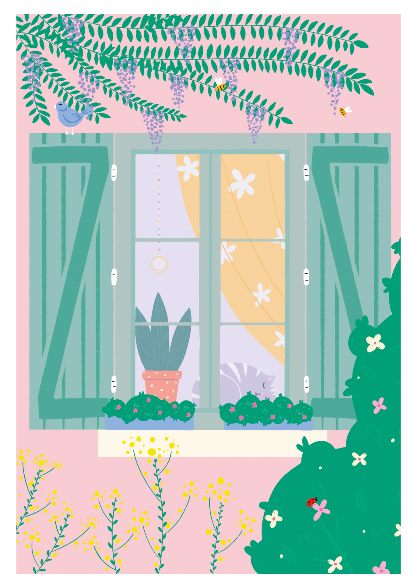 carte postale illustrée chat qui fait la sieste sur la fenêtre volets verts maison rose arbres coccinelle fleurs glycines abeilles